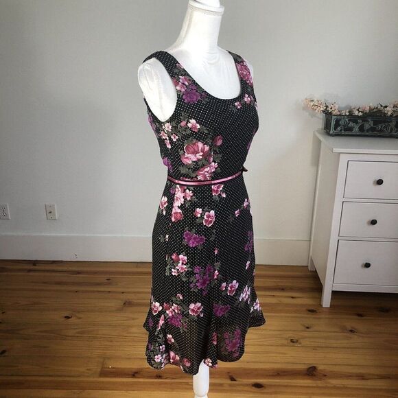 Vtg 90s Y2K K Petite Chiffon Black Polka Dot Dress 6P Pink Floral A Line Flirty - Picture 9 of 12